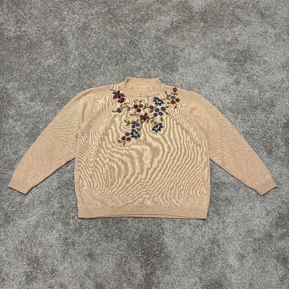 Alfred Dunner 90s Floral Embroidered Pullover Sweater 2X Beige Cottagecore Boho